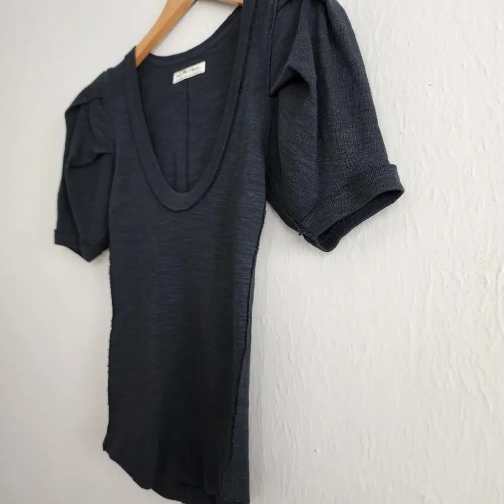 Free People Papaya Puff Sleeve Short Sleeve Knit Top Black NEW Womens XS